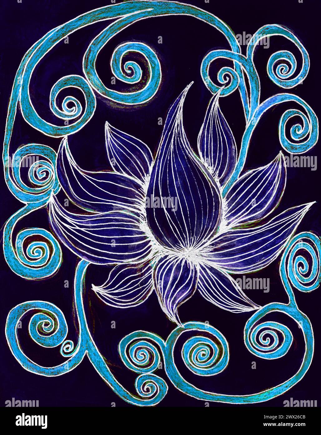 Lotus noir sur fond sombre avec ligne prolongée La technique de tamponnage près des bords donne un effet de flou dû à la rugosité de surface modifiée de Banque D'Images