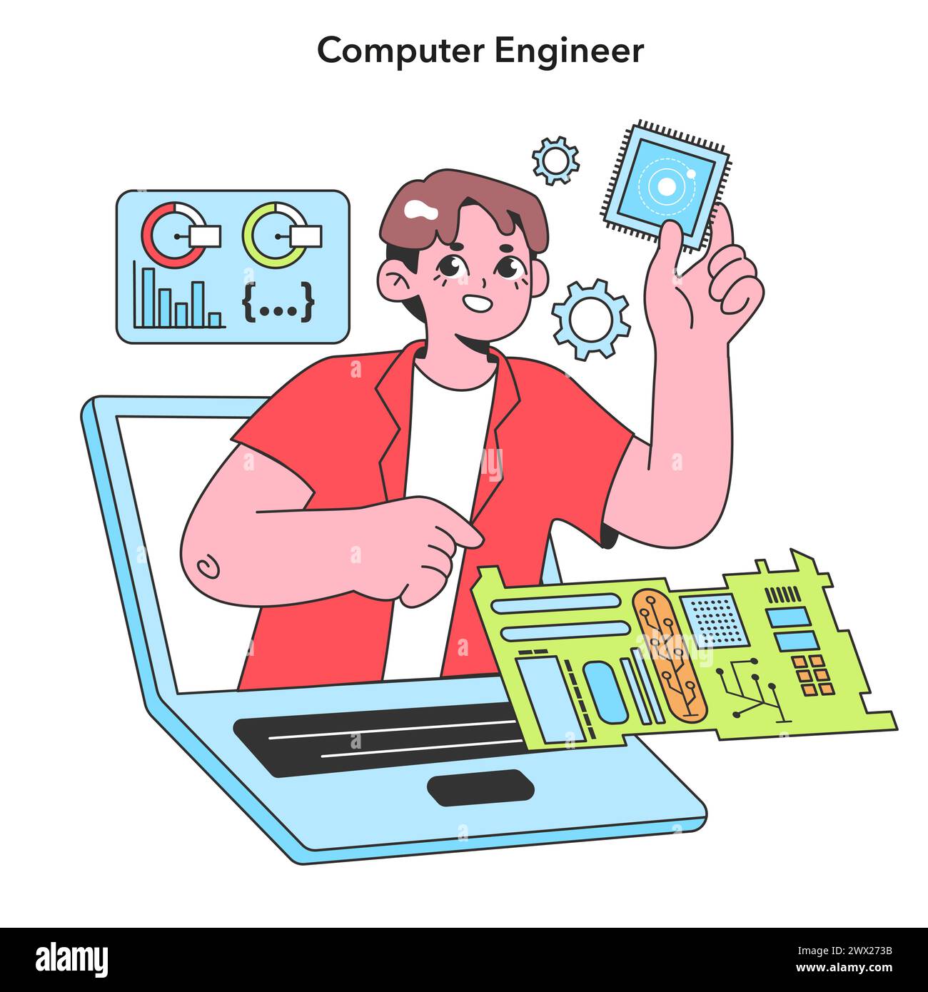 Un ingénieur en informatique examine une micropuce, un composant fondamental de l'électronique moderne, représentant le travail complexe derrière l'ingénierie du matériel informatique Illustration de Vecteur