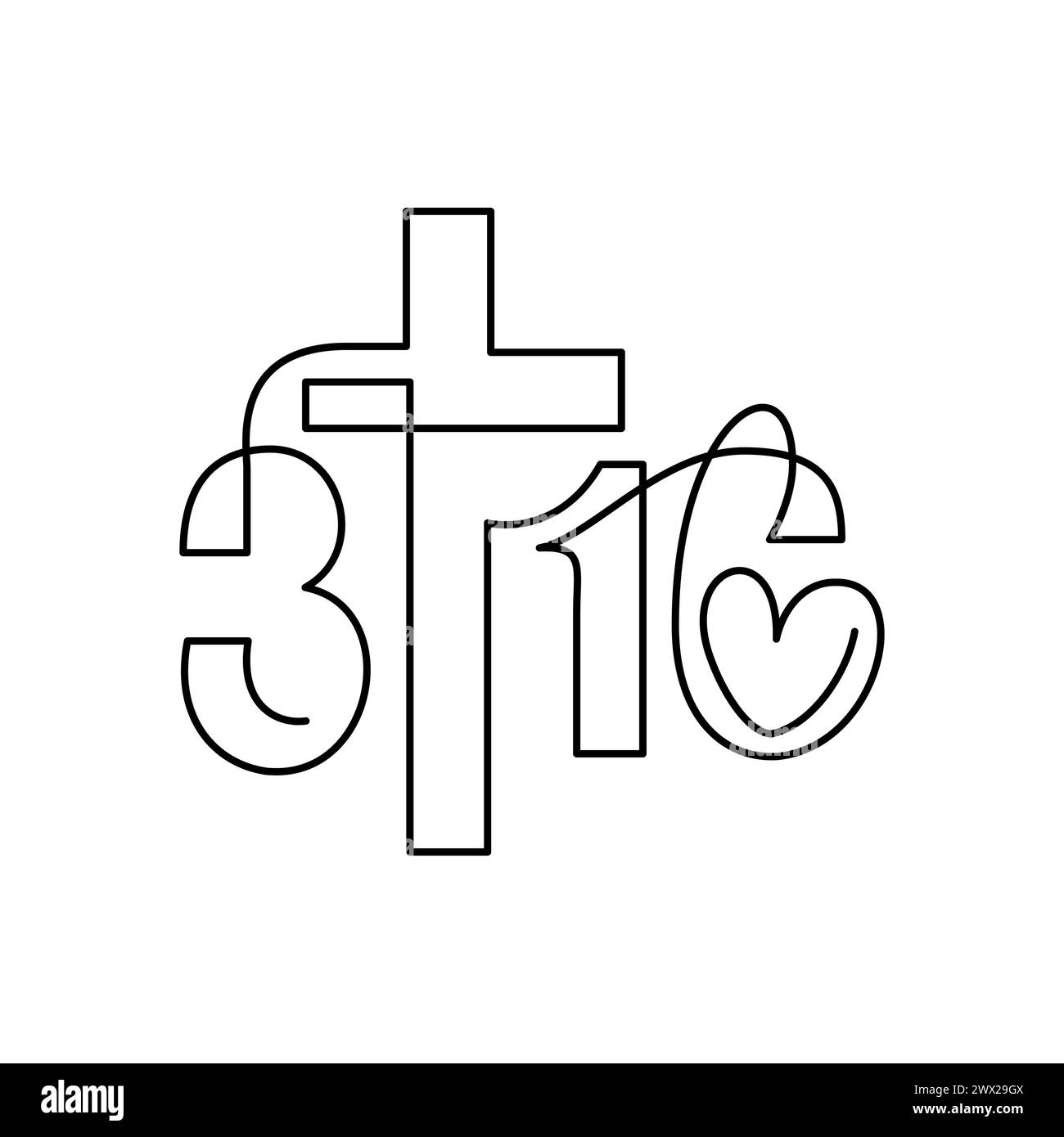 Expression biblique de la forme Jean 3:16. En continu, une ligne d'art logo croix icône sur l'amour de Dieu. Histoire vraie, typographie pour imprimer ou utiliser comme affiche, carte Illustration de Vecteur