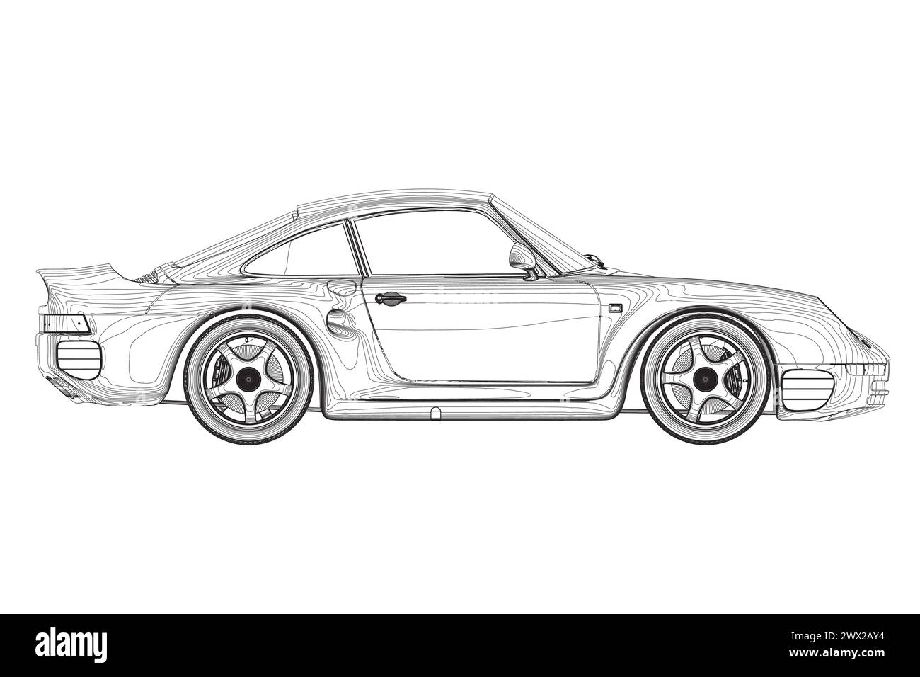 Contour d'une voiture de sport faite de lignes noires isolées sur un fond blanc. Vue latérale. Illustration vectorielle. Illustration de Vecteur