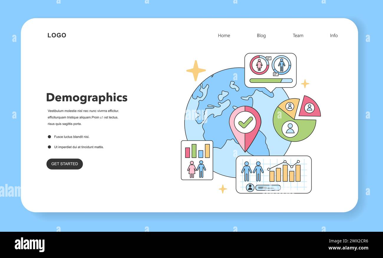 Concept d'analyse démographique. Carte globale mettant en évidence des régions spécifiques, écran d'ordinateur présentant des statistiques par sexe, graphiques circulaires détaillant les segments de population et graphique à barres pour la visualisation des tendances Illustration de Vecteur