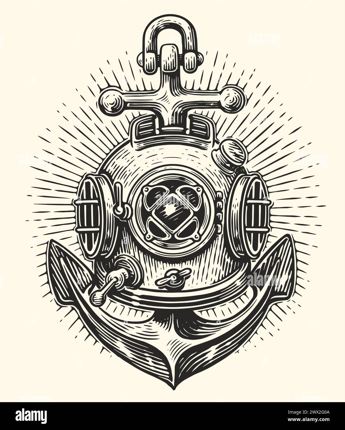 Ancre de bateau et vieux casque de plongée sous-marin. Illustration vectorielle vintage dessinée à la main Illustration de Vecteur