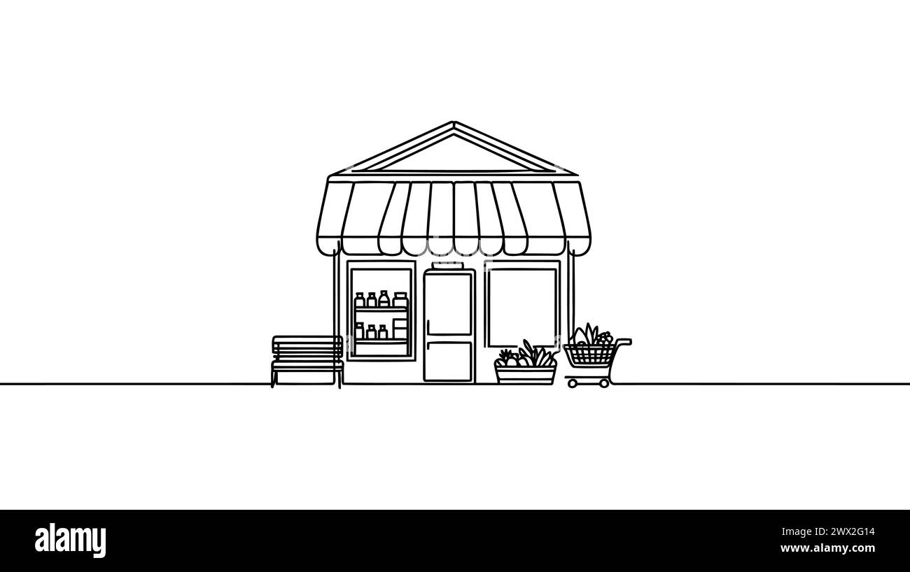 Une ligne continue dessinant café ou magasin. Concept de bâtiment et de bureau. Graphique vectoriel de dessin de ligne unique. Illustration de Vecteur