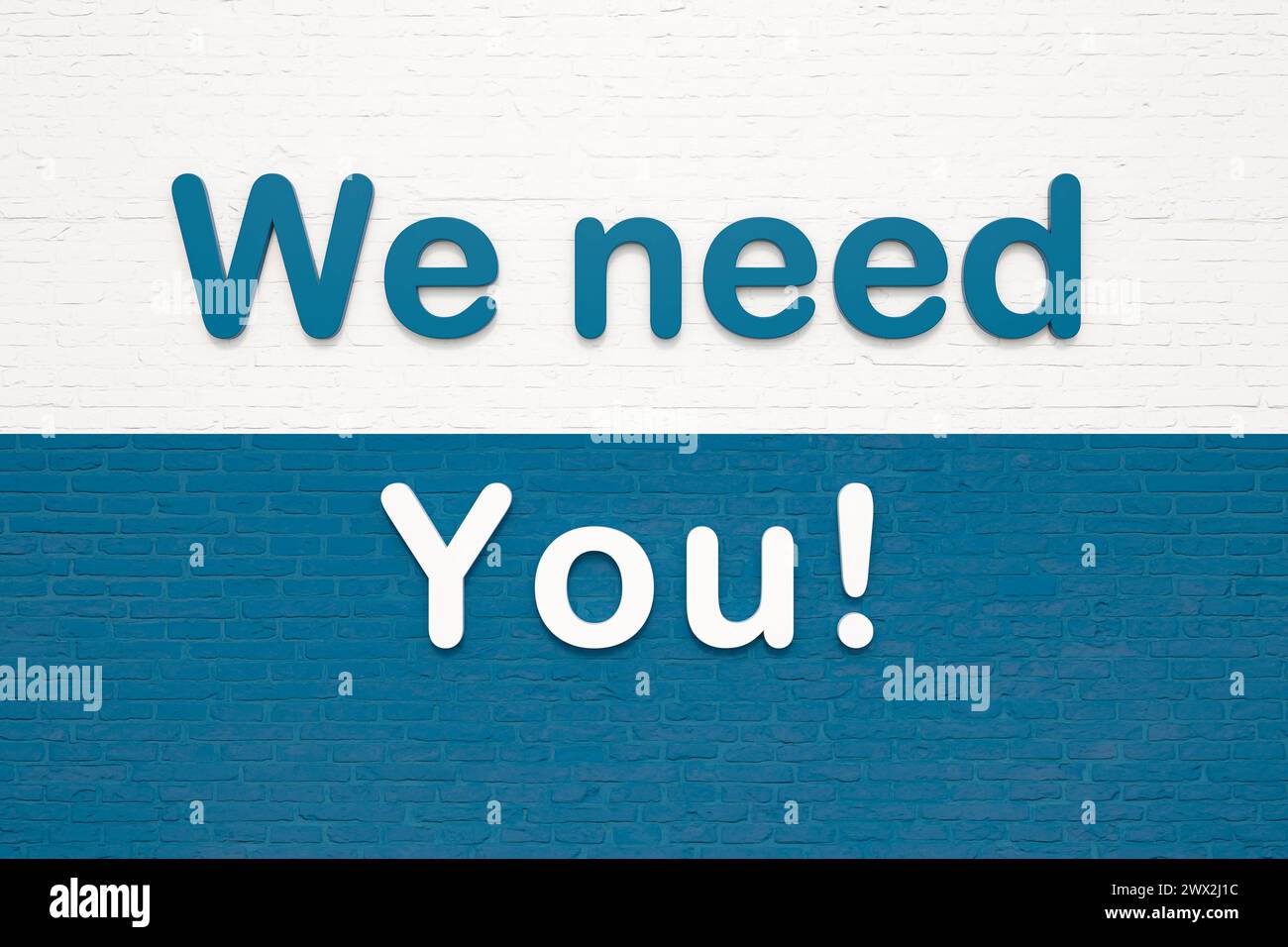 Nous avons besoin de vous. Nous avons besoin de vous. Lettres colorées sur un mur de briques blanches et rouges. Embauche, candidature, emploi, motivation. Illustration 3D TEXT Wall K019 WE nee Banque D'Images
