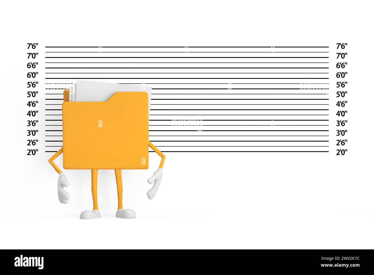 Icône de dossier jaune personnage de dessin animé mascotte en face de police Lineup ou fond de Mugshot extrême gros plan. Rendu 3D. Banque D'Images