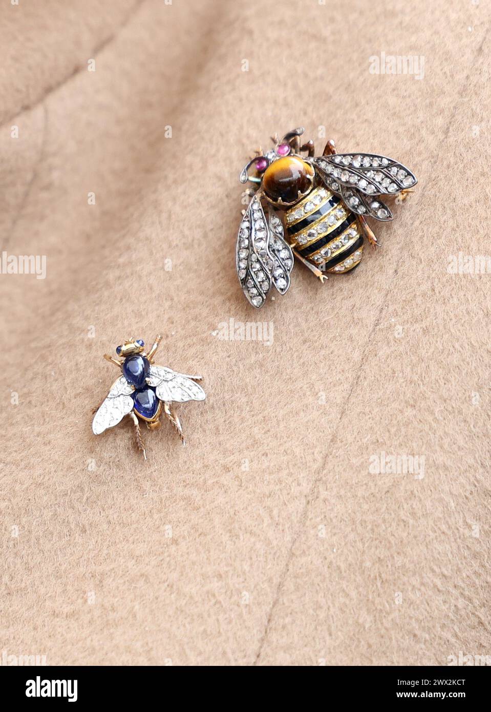 La reine Camilla porte des broches d'insectes lors d'une visite au marché fermier de The Square, Shrewsbury, dans le Shropshire. Date de la photo : mercredi 27 mars 2024. Banque D'Images