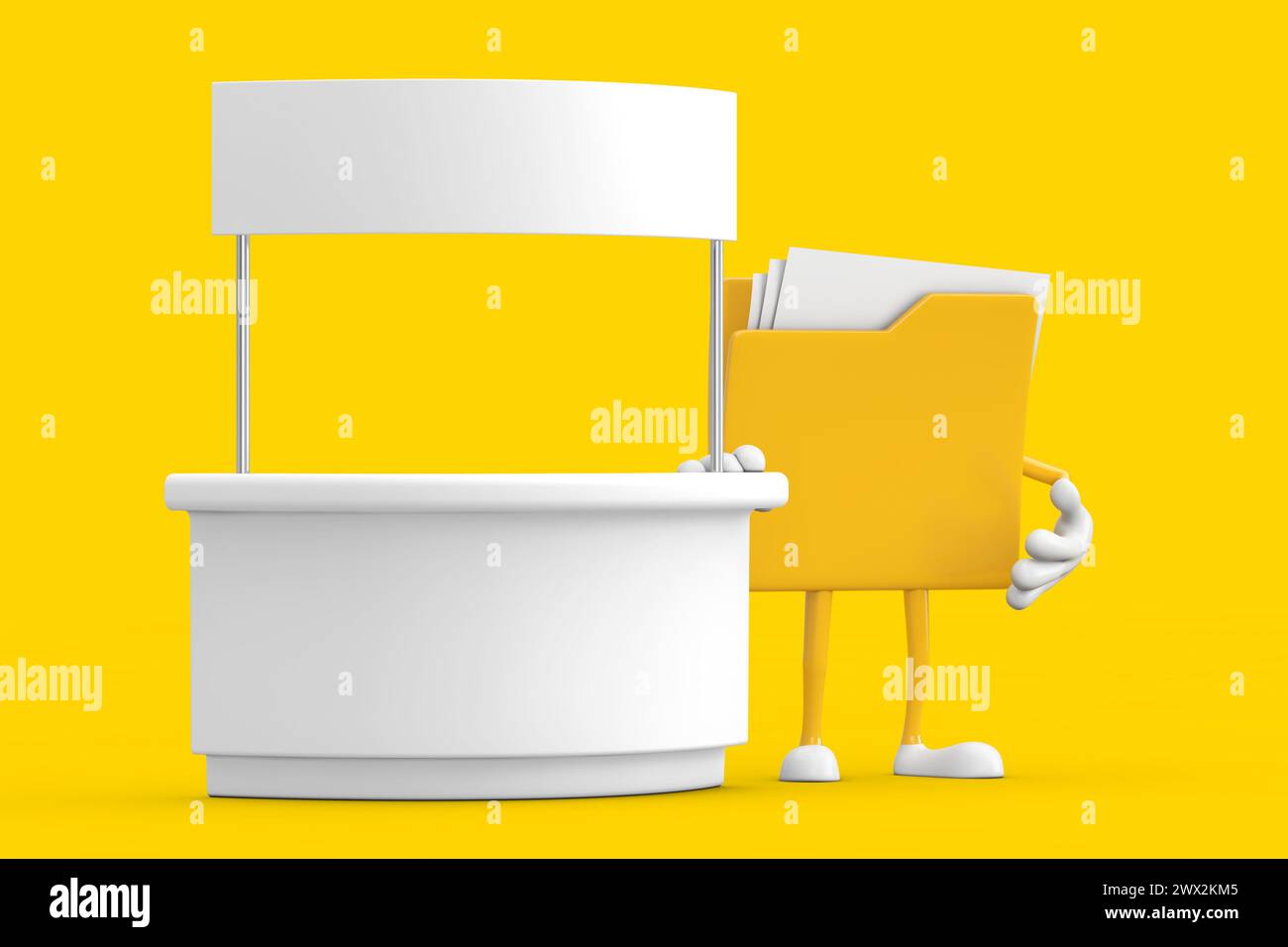 Icône de dossier jaune Cartoon personne personnage Mascot près de Blank promotion Stand avec espace libre pour votre conception sur un fond jaune. 3d Renderin Banque D'Images