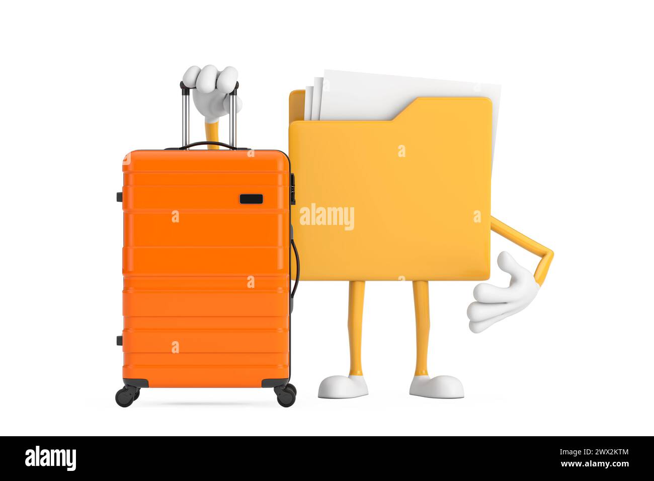 Icône de dossier jaune Cartoon Person personnage mascotte avec une valise de voyage Orange sur un fond blanc. Rendu 3D. Banque D'Images