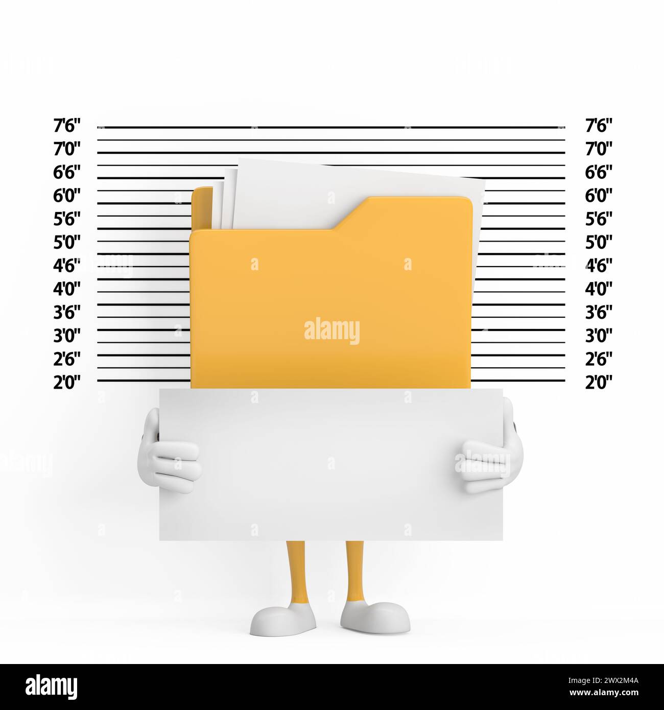 Icône de dossier jaune mascotte de personnage de personnage de dessin animé avec plaque d'identification en face de la ligne de police ou fond de Mugshot extrême gros plan. 3d rende Banque D'Images