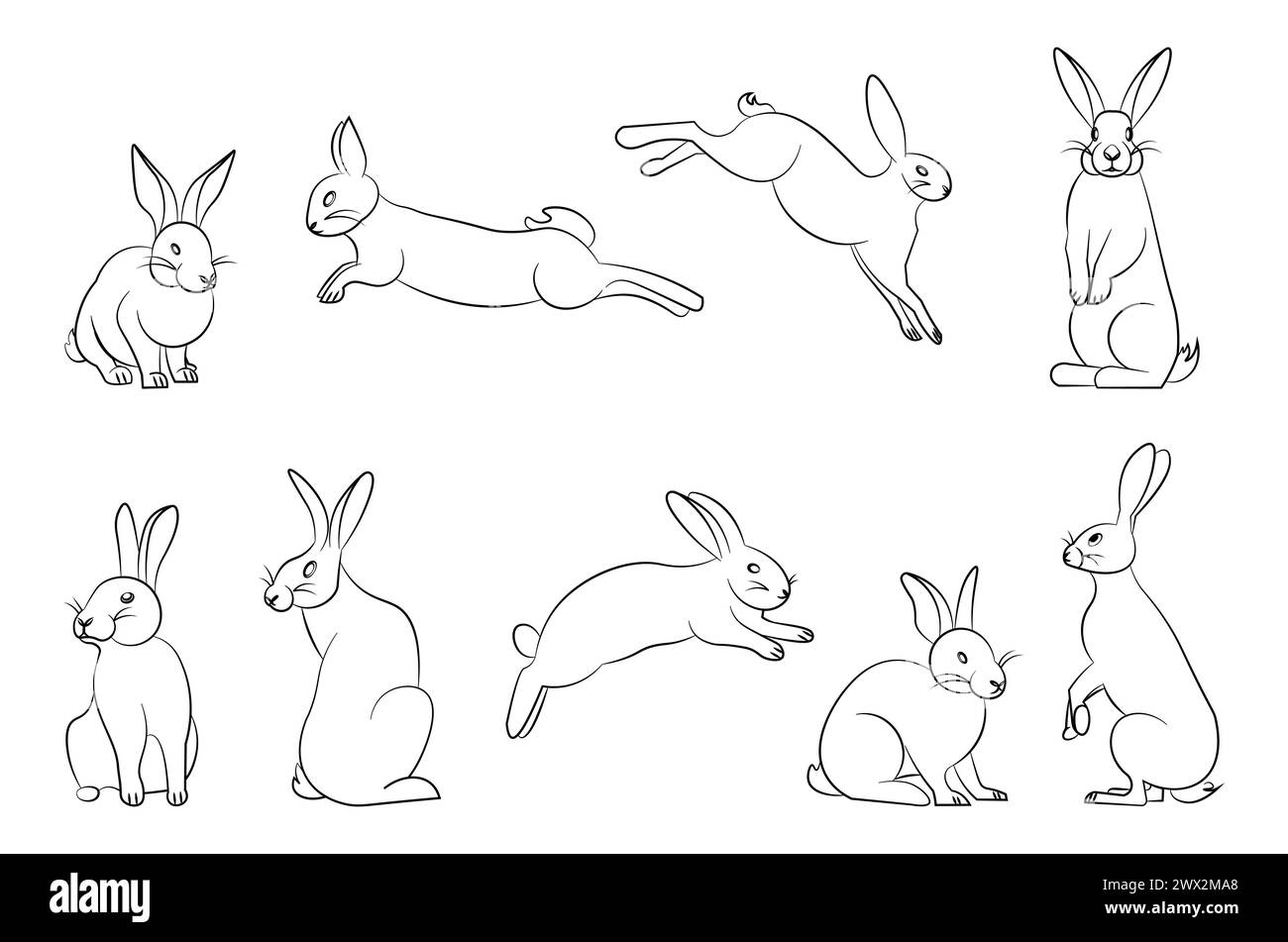 Ensemble de lapin dans un style simple d'une ligne isolé sur fond blanc. Icônes, symboles, éléments, illustration de lapins mignons stylisés. Banque D'Images