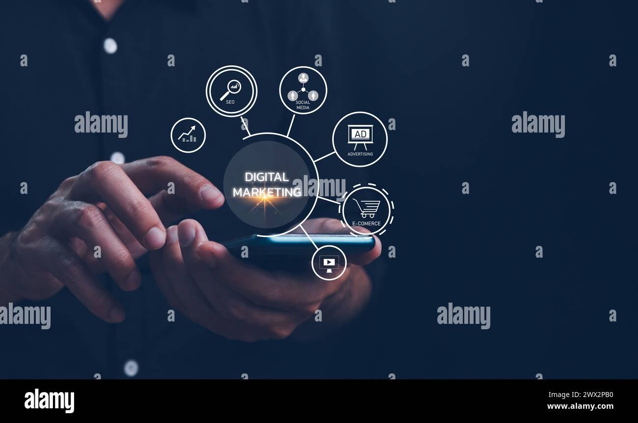 Concept de vente commerciale de marketing numérique en ligne. La publicité sur les sites Web, la promotion de produits ou de services par le biais de canaux numériques moteurs de recherche, donc Banque D'Images