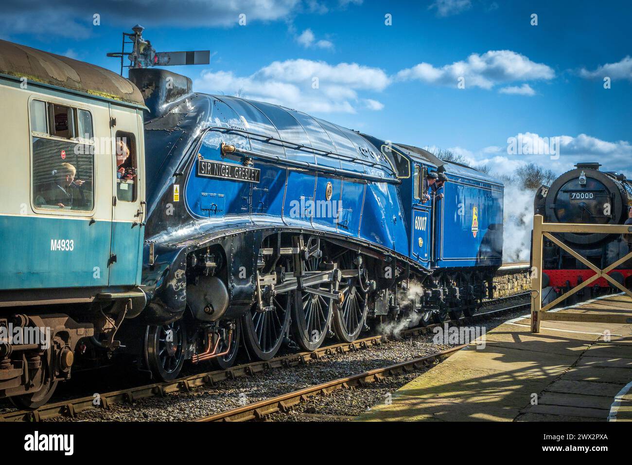 60007 Sir Nigel Gresley, LNER Class A4 4-6-2 locomotive à vapeur Pacific vue sur le chemin de fer East Lancashire. Banque D'Images