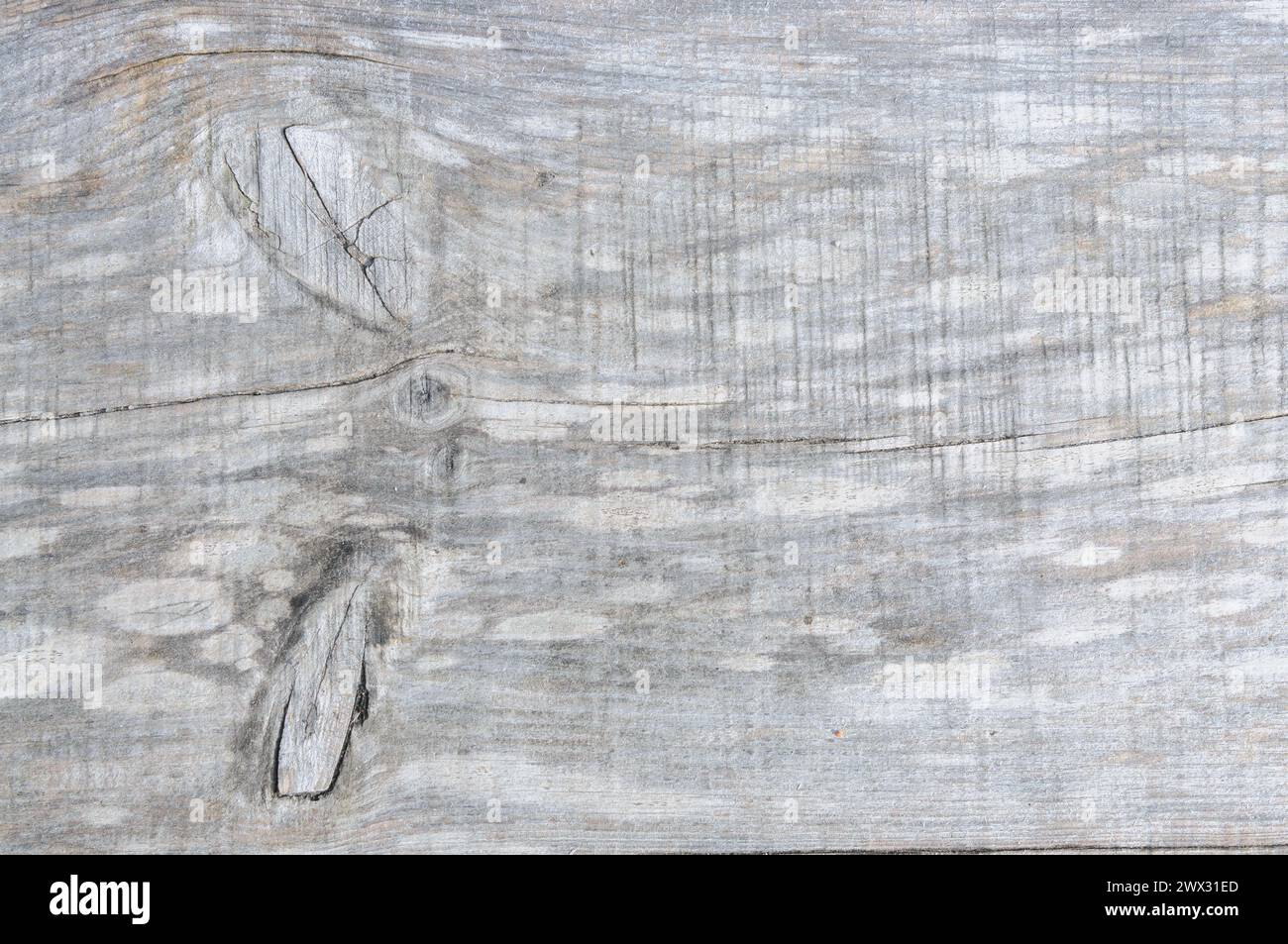 Gros plan d'une planche de bois vieillie montrant du grain texturé, des nœuds et des intempéries. Banque D'Images