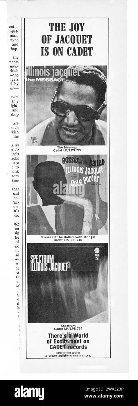 Une publicité de Cadet Records d'un magazine de musique des années 1960 pour des disques de jazz LP du saxophoniste star Illinois Jacquet. Banque D'Images