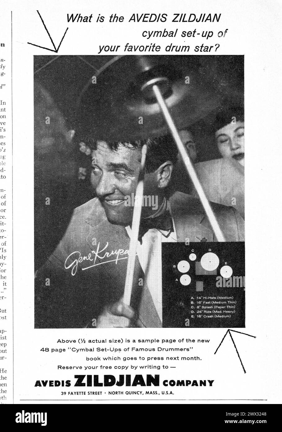 Une publicité d'un magazine de musique du milieu des années 1960 pour les fabricants de cymbales avis Zildjian. Il met en vedette la légende du tambour jazz, Gene Krupa Banque D'Images