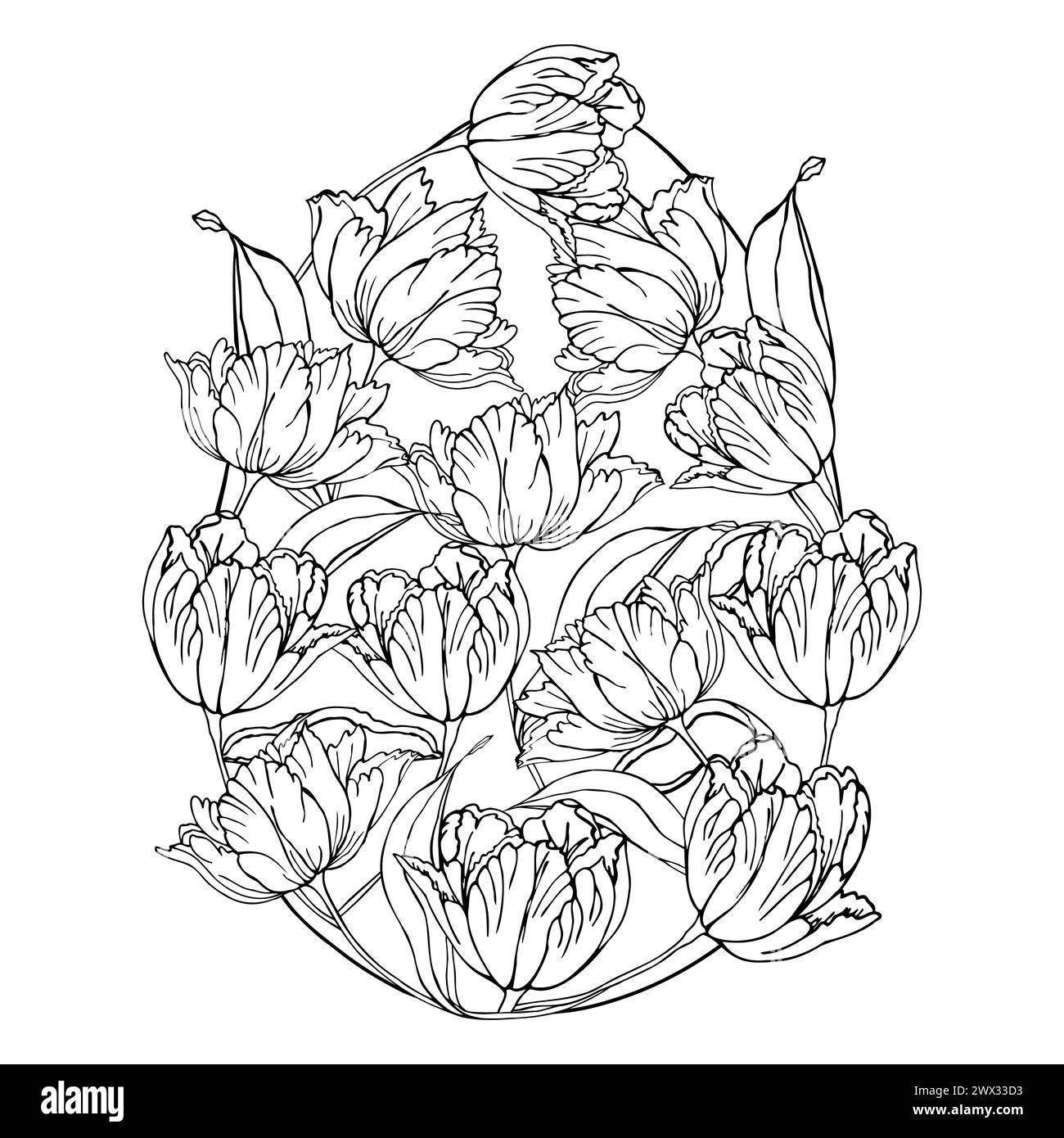 Fond de fleur de tulipes d'oeuf de Pâques, éléments floraux dessinés à la main pour les vacances de printemps. Compositions d'art au trait noir et blanc pour page à colorier. Vecteur Illustration de Vecteur