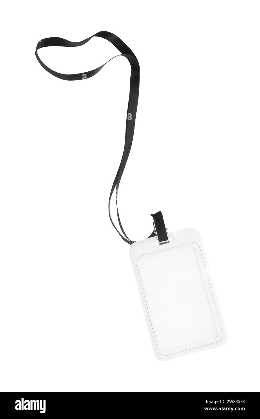 Badge vierge avec ficelle noire isolée sur blanc Banque D'Images