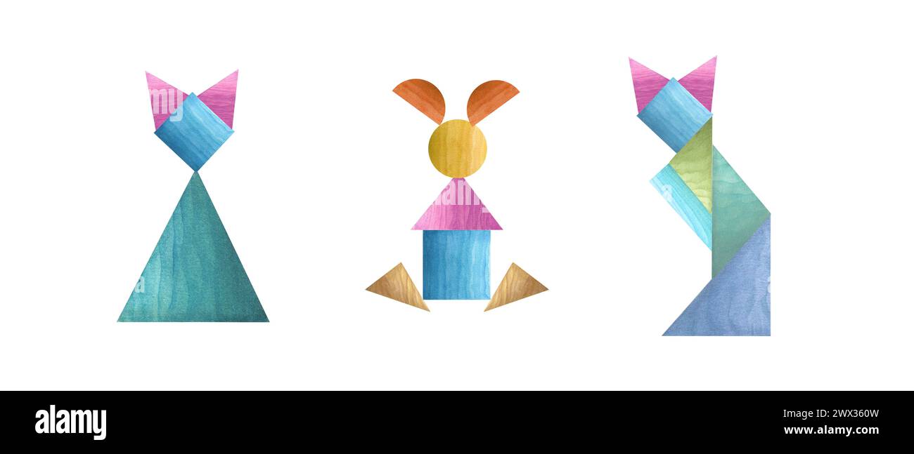 Ensemble d'animaux en bois pour les enfants. Lièvre et chats multicolores construits à partir de briques de bois. Puzzles géométriques tangram aquarelle. Illustration Banque D'Images