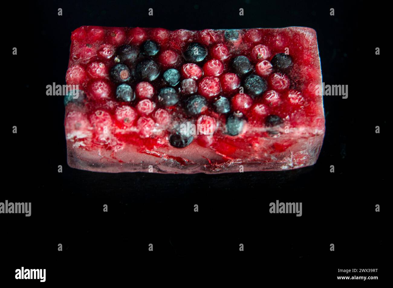 Baies rouges et noires mélangées congelées dans un bloc de glace sur fond noir. Banque D'Images