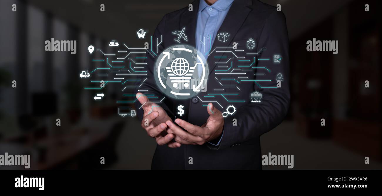 concept global de commerce électronique. businessman prend en charge les icônes Banque D'Images