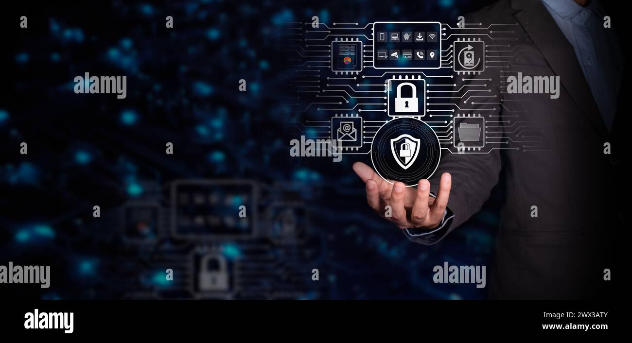 concept de cybersécurité. businessman soutient son entreprise avec un réseau complet et invulnérable de protection des données Banque D'Images