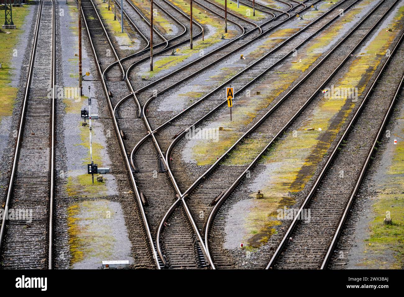 Systèmes de voies ferrées, voies de manœuvre, voies d'évitement, embranchements, gare de triage Mülheim-Styrum, sur la ligne de chemin de fer entre Mülheim an der Ruhr et Duisburg Banque D'Images