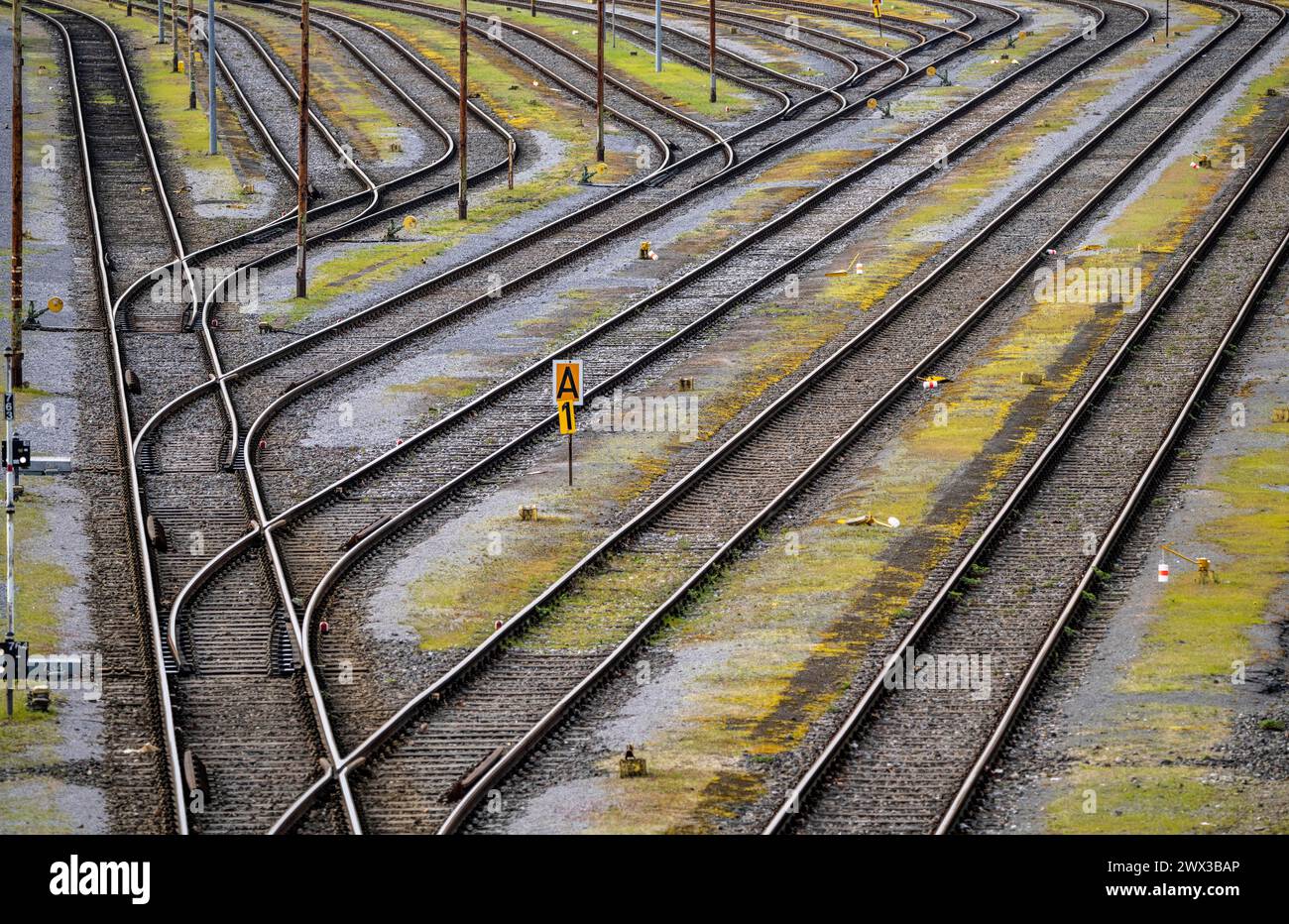 Systèmes de voies ferrées, voies de manœuvre, voies d'évitement, embranchements, gare de triage Mülheim-Styrum, sur la ligne de chemin de fer entre Mülheim an der Ruhr et Duisburg Banque D'Images