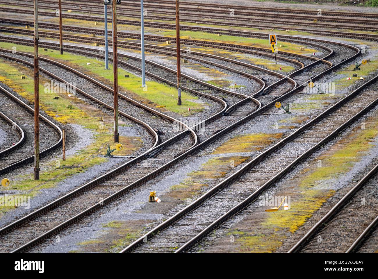 Systèmes de voies ferrées, voies de manœuvre, voies d'évitement, embranchements, gare de triage Mülheim-Styrum, sur la ligne de chemin de fer entre Mülheim an der Ruhr et Duisburg Banque D'Images