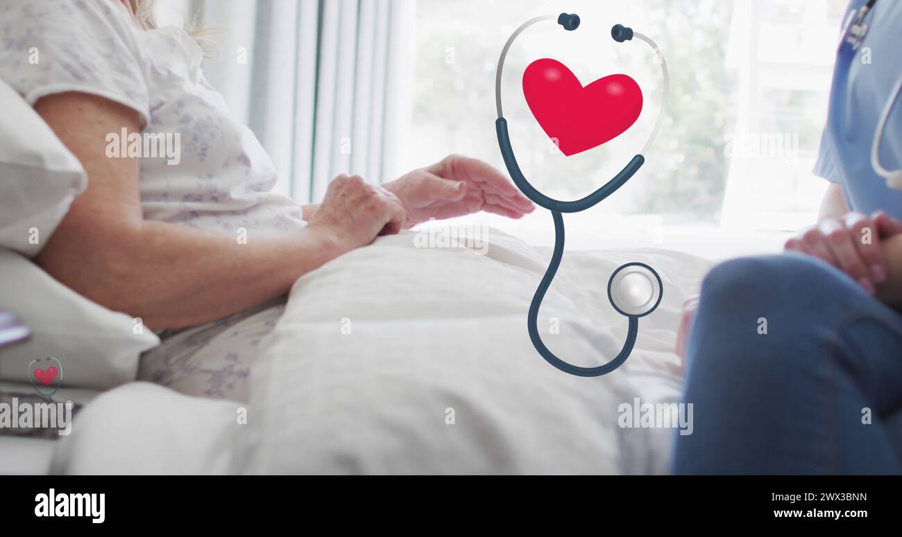 Image d'un sthétoscope avec coeur au-dessus d'une infirmière et d'un patient caucasiens. concept de services médicaux et de santé image générée numériquement. Banque D'Images