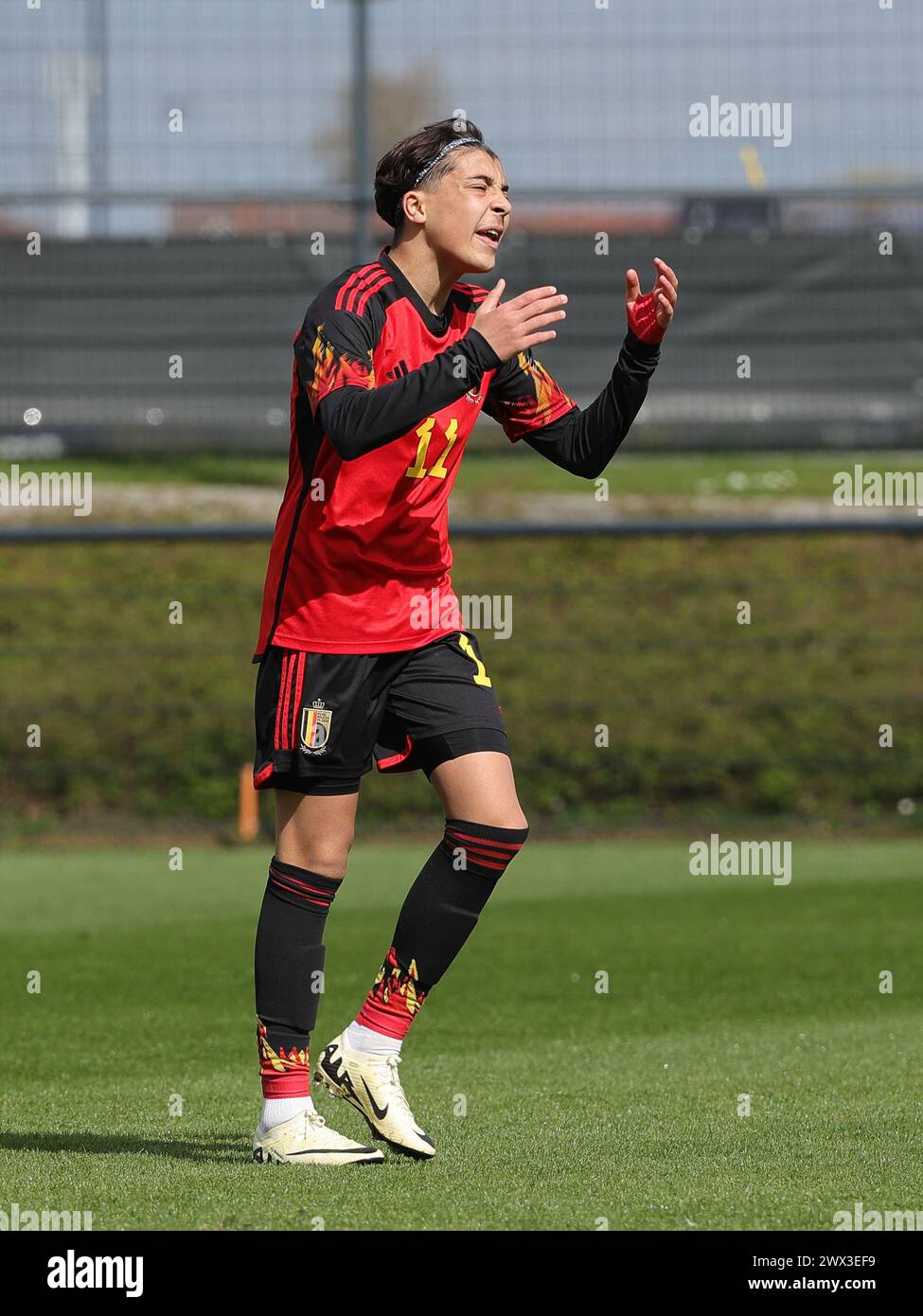 Tubize, Belgique. 25 mars 2024. Rayane Bounida (11 ans), de Belgique, photographiée lors d'un match amical de football entre les équipes nationales de Belgique et du pays de Galles, le lundi 25 mars 2024 à Tubize, Belgique . Crédit : Sportpix/Alamy Live News Banque D'Images