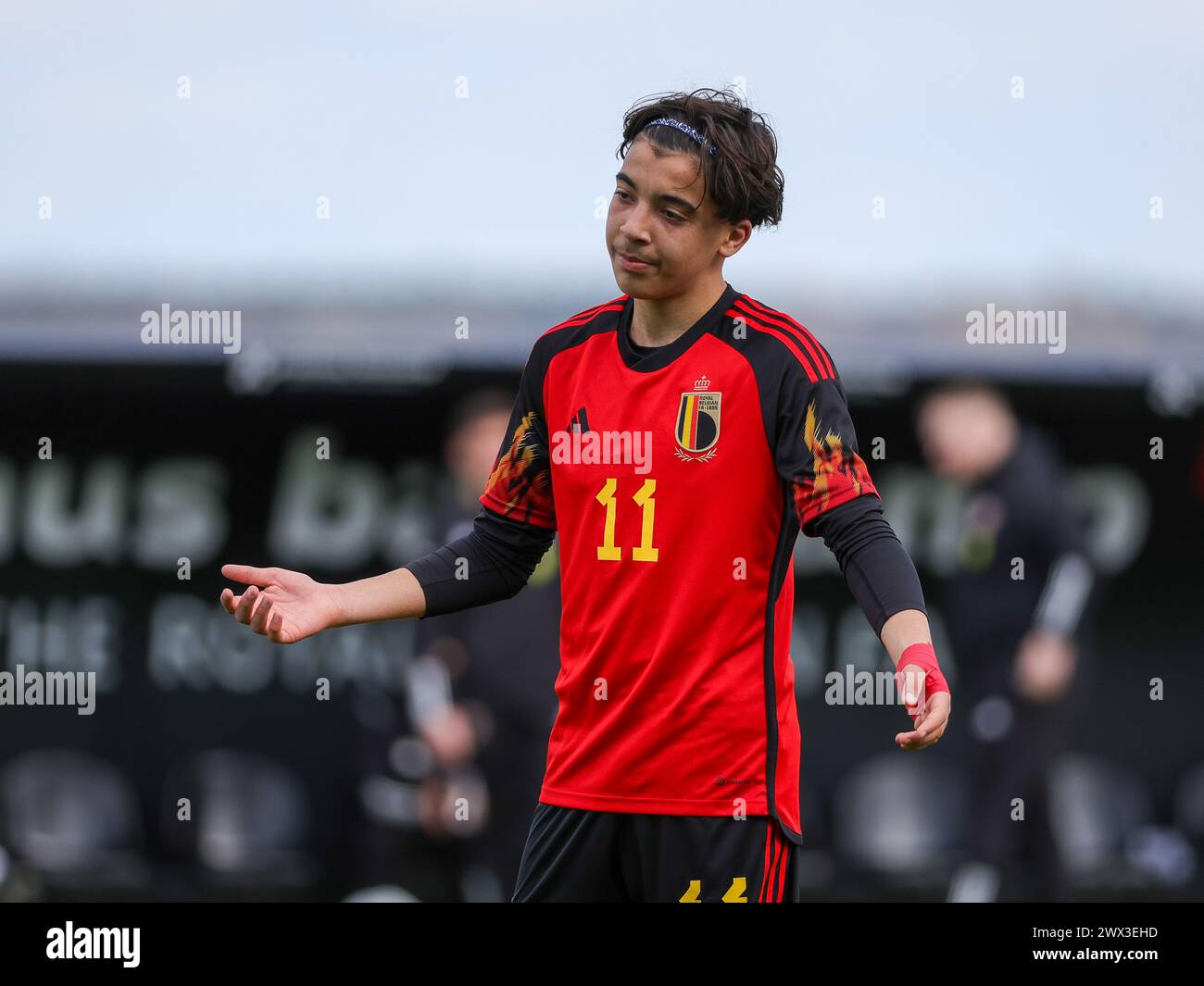 Tubize, Belgique. 25 mars 2024. Rayane Bounida (11 ans), de Belgique, photographiée lors d'un match amical de football entre les équipes nationales de Belgique et du pays de Galles, le lundi 25 mars 2024 à Tubize, Belgique . Crédit : Sportpix/Alamy Live News Banque D'Images