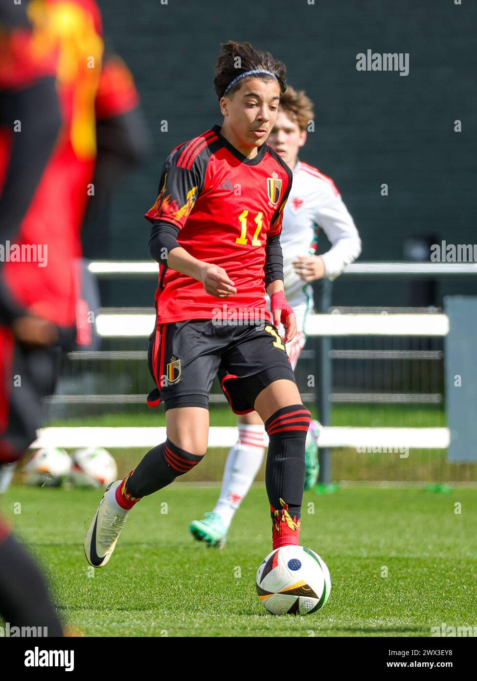 Tubize, Belgique. 25 mars 2024. Rayane Bounida (11 ans), de Belgique, photographiée lors d'un match amical de football entre les équipes nationales de Belgique et du pays de Galles, le lundi 25 mars 2024 à Tubize, Belgique . Crédit : Sportpix/Alamy Live News Banque D'Images