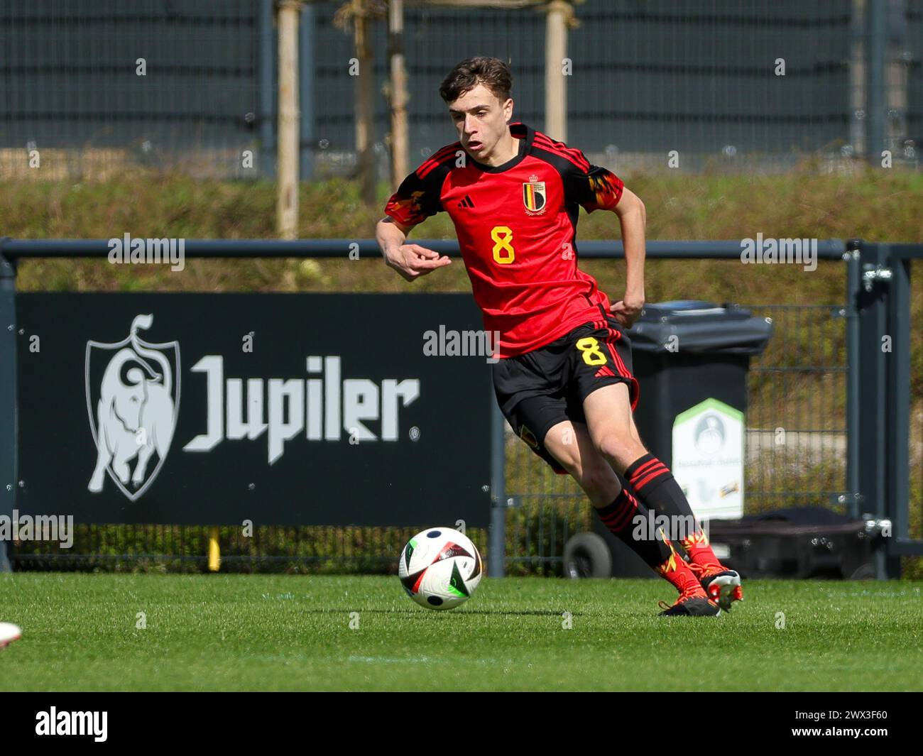 Tubize, Belgique. 25 mars 2024. Andreas Verstraeten (8) de Belgique photographié lors d'un match amical de football entre les équipes nationales de Belgique et du pays de Galles de moins de 18 ans le lundi 25 mars 2024 à Tubize, Belgique . Crédit : Sportpix/Alamy Live News Banque D'Images