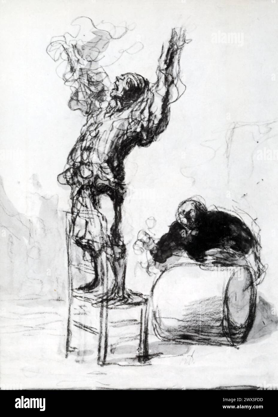 Dessin au fusain d'un clown par Honoré Daumier, datant de son vivant entre 1808 et 1879. Connu pour ses représentations critiques et satiriques de la société parisienne, Daumier était considéré comme un maître de la capture de la condition humaine sous ses différentes formes, souvent avec un accent particulier sur les figures sous-représentées ou marginalisées de son époque. Banque D'Images