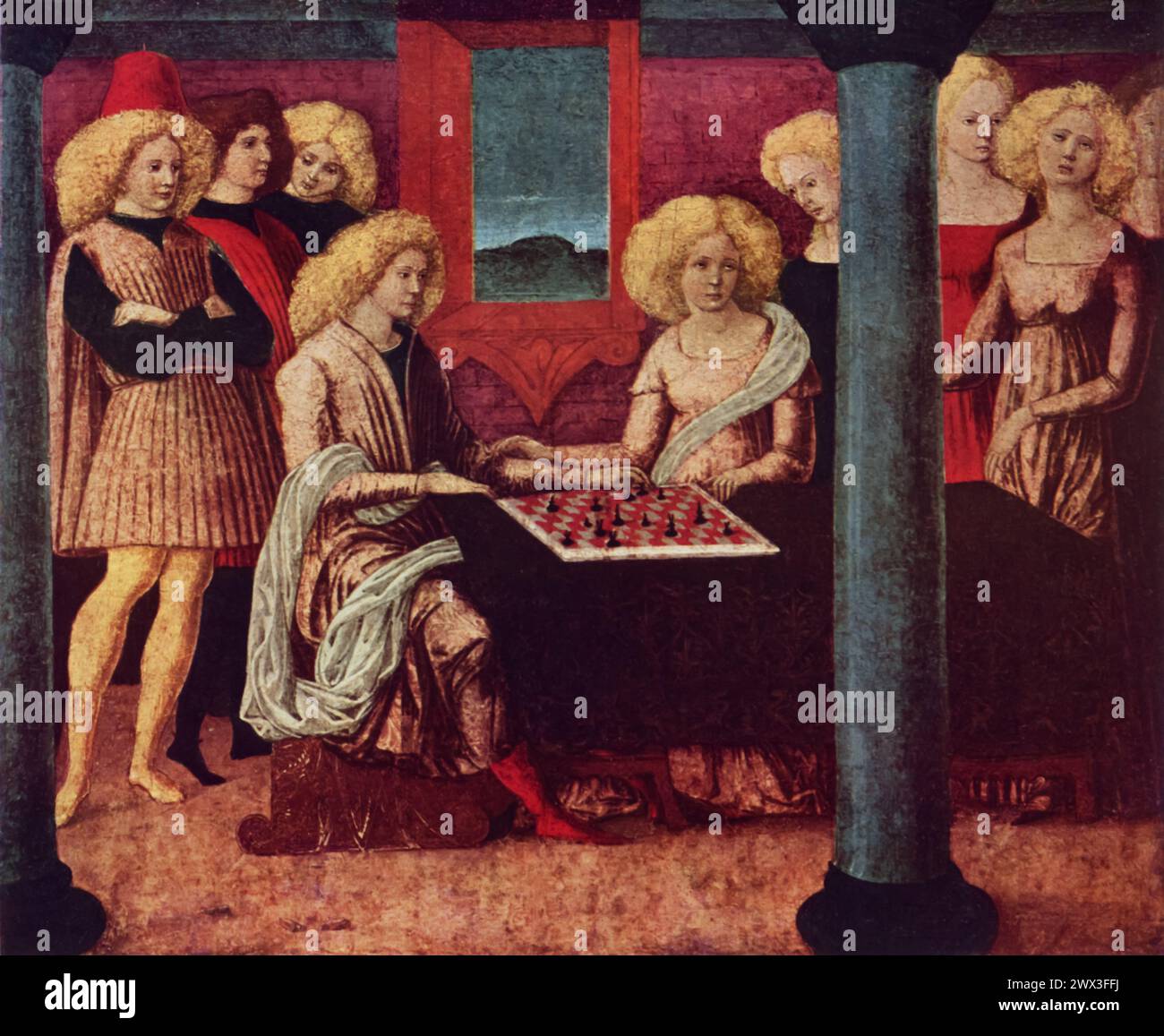 Liberale da Verona's Chess Players (vers 1475) : cette peinture, qui fait partie de la collection du Metropolitan Museum of Art de New York, capture un moment d'engagement intellectuel entre deux individus impliqués dans une partie d'échecs. L'œuvre est célébrée pour sa représentation vivante des tenues de la Renaissance et le cadre intérieur richement décoré. Banque D'Images