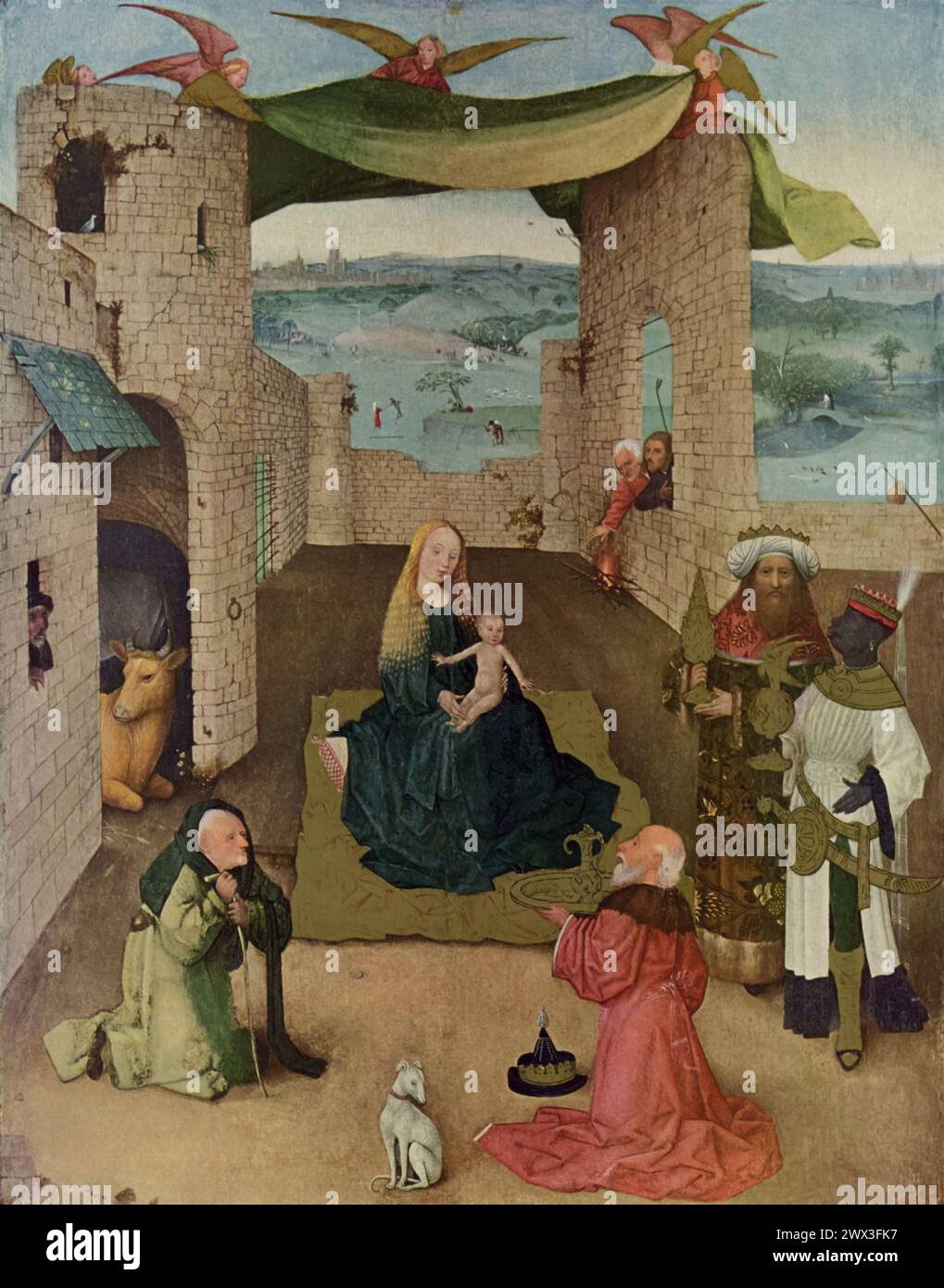 L'Adoration des Mages de Hieronymus Bosch (vers 1475) : cette peinture est exposée au Metropolitan Museum of Art de New York. Il dépeint l'événement biblique des trois sages visitant l'enfant Jésus, un thème commun rendu de manière unique à travers l'objectif de Bosch. L'œuvre est remarquable pour son exécution détaillée, l'utilisation de feuilles d'or et le mélange caractéristique de réalisme et d'images symboliques de Bosch. Banque D'Images