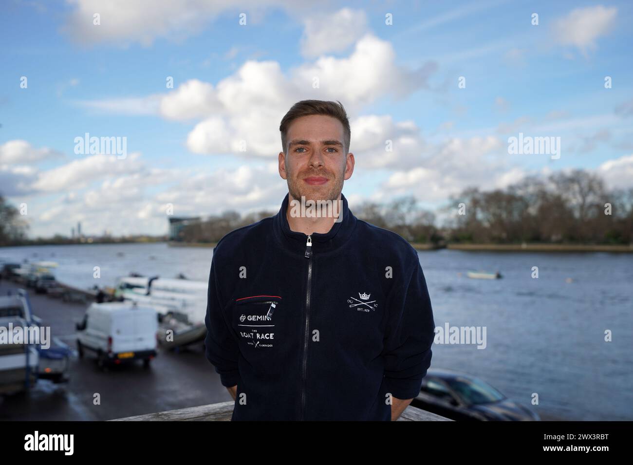 Le capitaine d'Oxford Harry Glenister après une conférence de presse au London Rowing Club, Londres. Date de la photo : mercredi 27 mars 2024. Banque D'Images