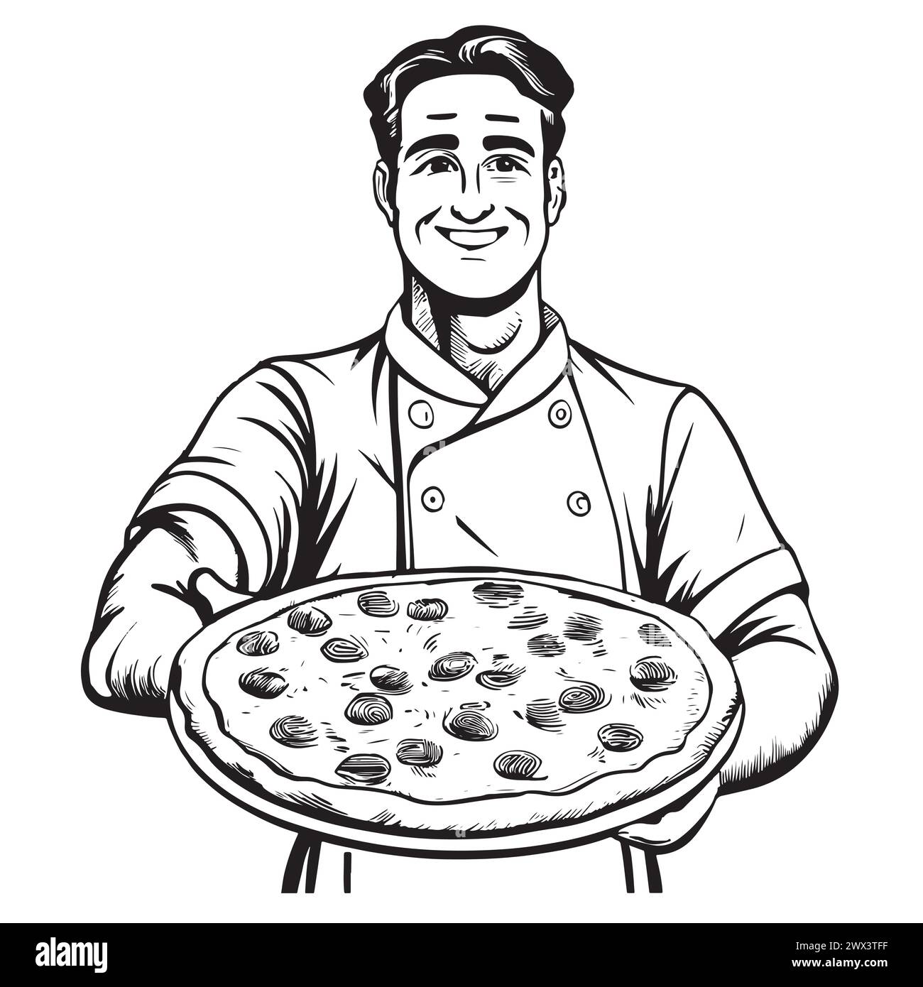 Chef italien souriant avec une pizza à la main. Illustration artistique vectorielle Illustration de Vecteur