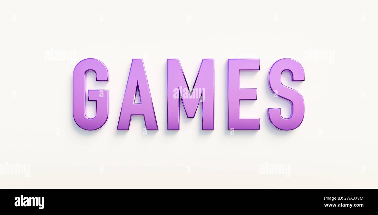 Jeux Jeux, bannière - signe. Le mot Games en lettres majuscules violettes. Activité de loisirs, soirée jeux, culture, divertissement. Texte d'illustration 3D banne Banque D'Images