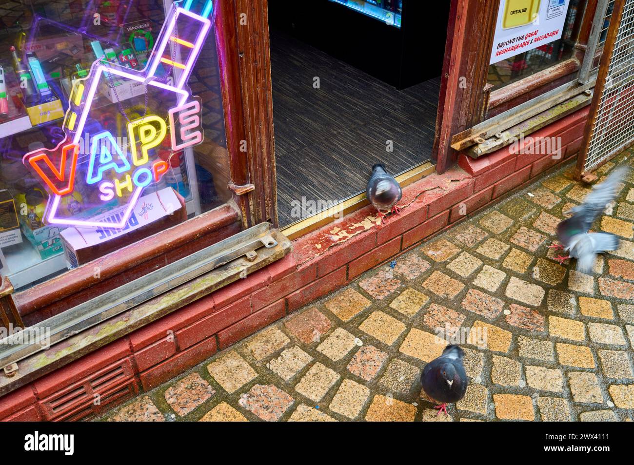 Pigeons devant un magasin Vape Banque D'Images