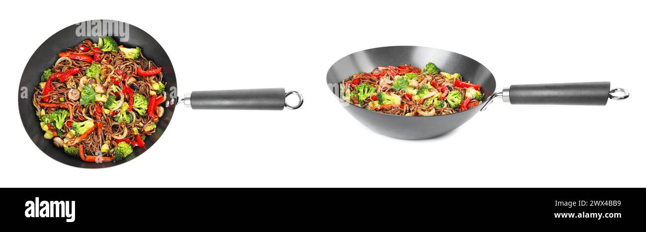 Wok avec nouilles sautées, champignons et légumes isolés sur blanc, vue de dessus et vue de côté Banque D'Images