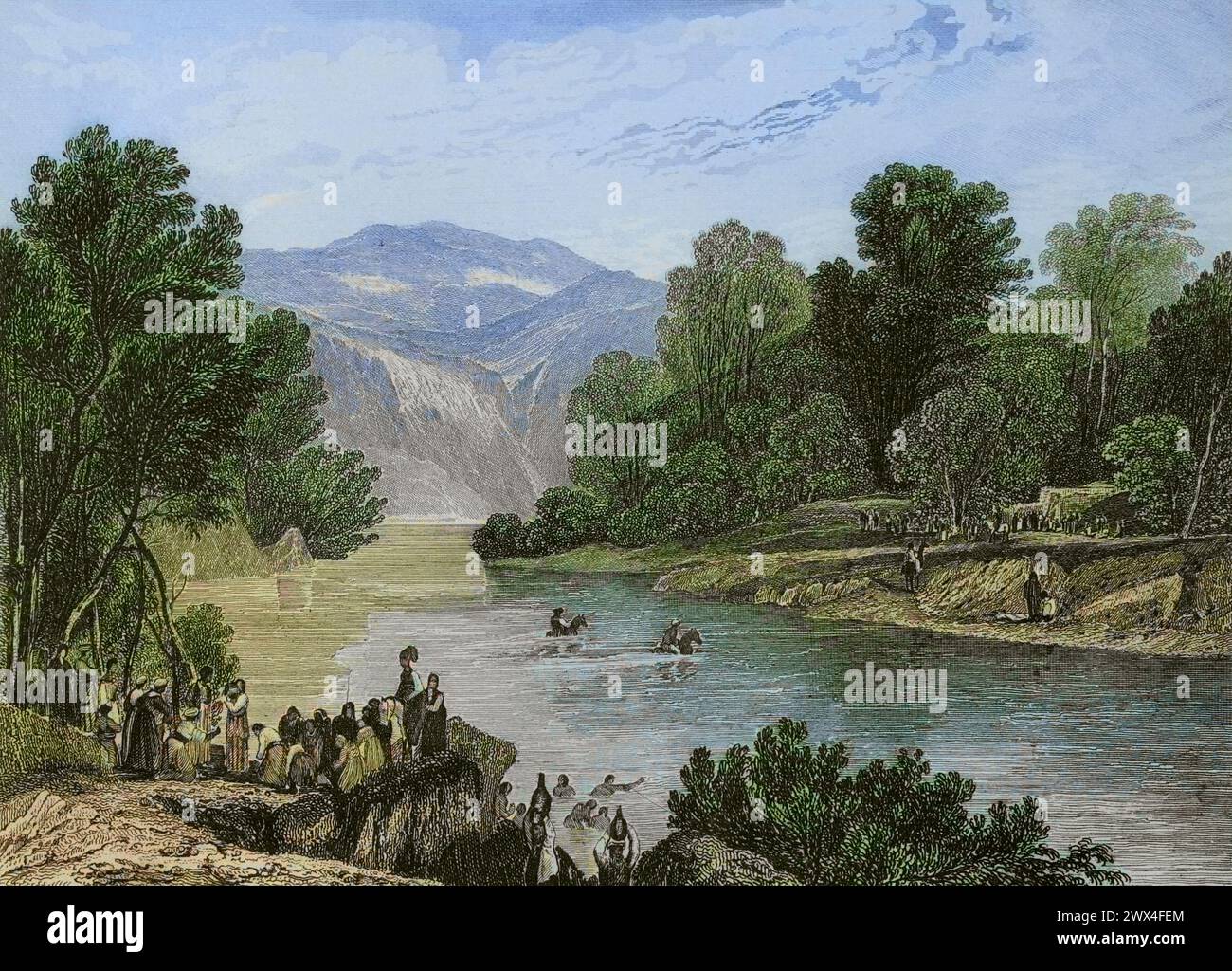 Rives du Jourdain. Gravure par Aubert. Coloration ultérieure. 'La Tierra Santa y los lugares recorridos por los profetas, por los apóstoles y por los cruzados' (Terre Sainte et lieux traversés par les prophètes, les apôtres et les croisés). Publié à Barcelone par l'imprimerie Joaquin Verdaguer, 1840. Banque D'Images