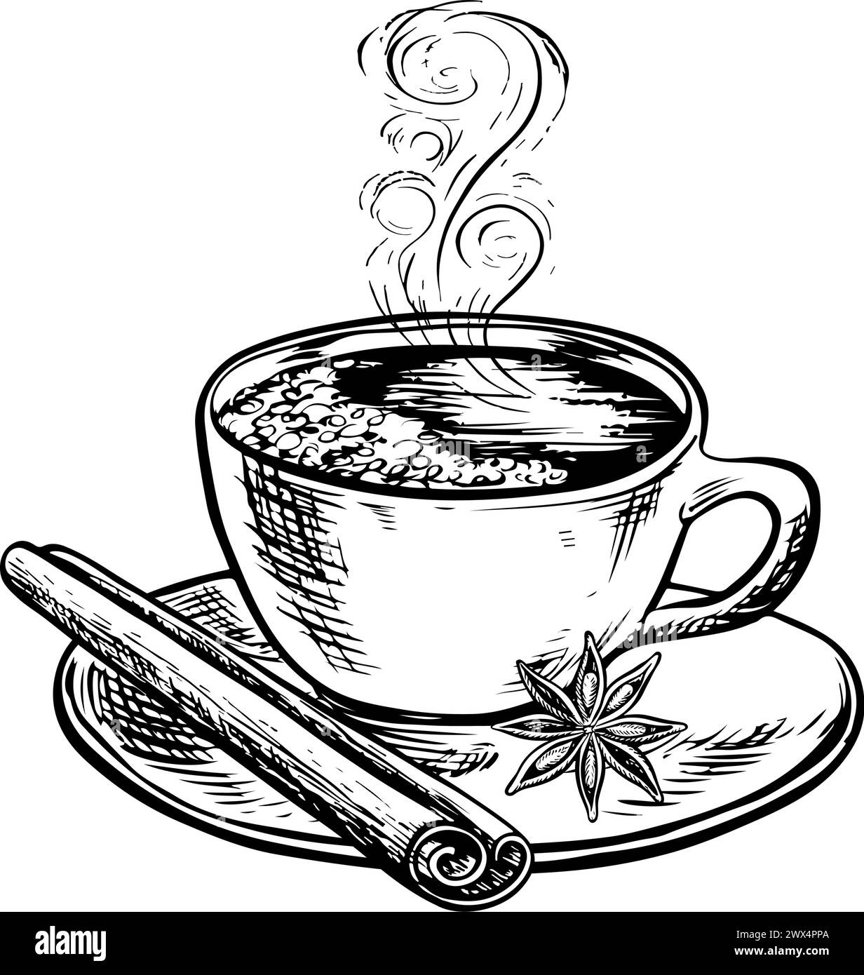 Une tasse de café chaud avec cannelle et étoile d'anis. L'illustration vectorielle en noir et blanc est dessinée à la main sur un fond blanc isolé. Pour l'impression, Illustration de Vecteur