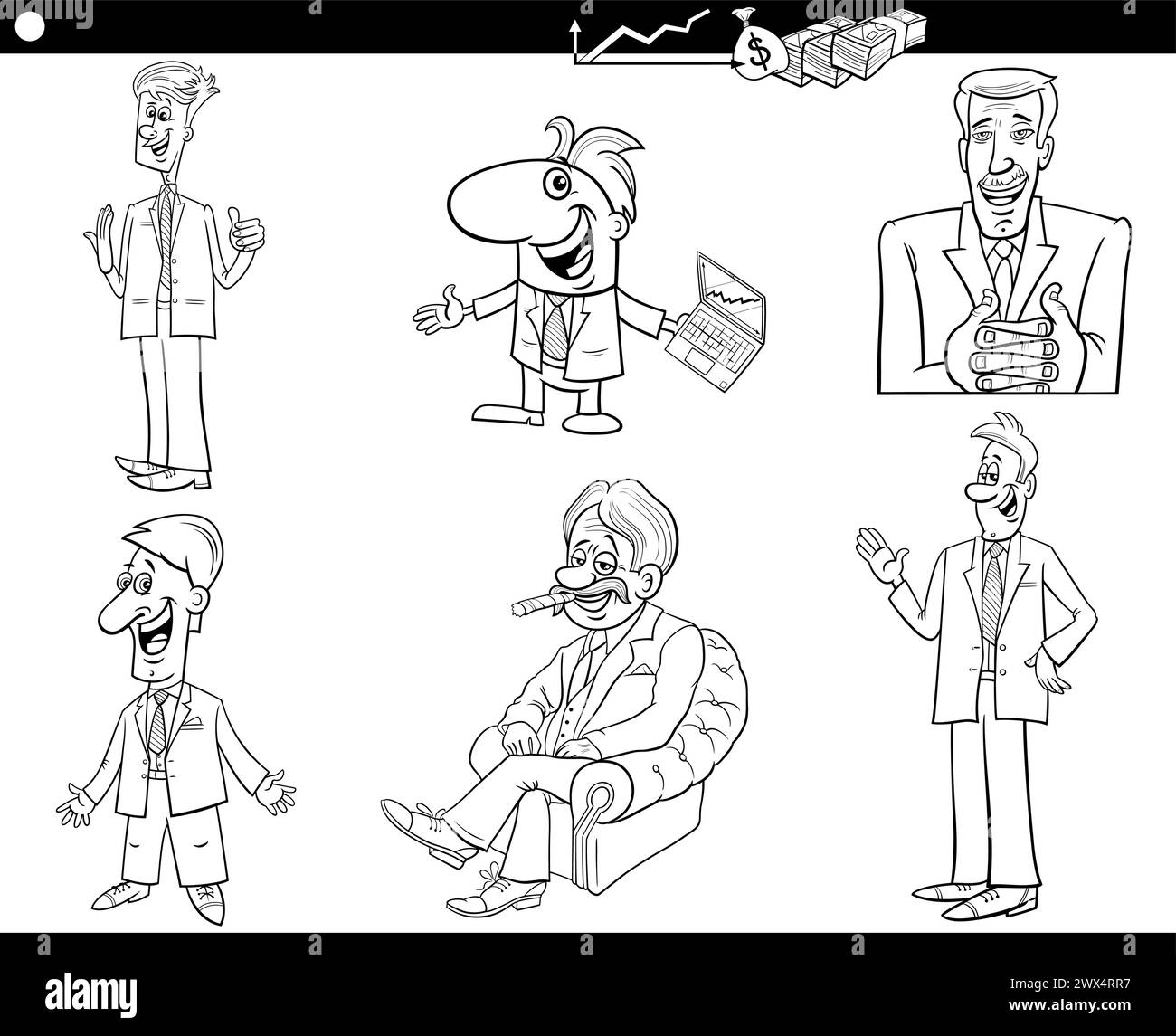 Illustration de dessin animé de gens d'affaires ou de personnages d'hommes d'affaires Set page de coloriage Illustration de Vecteur