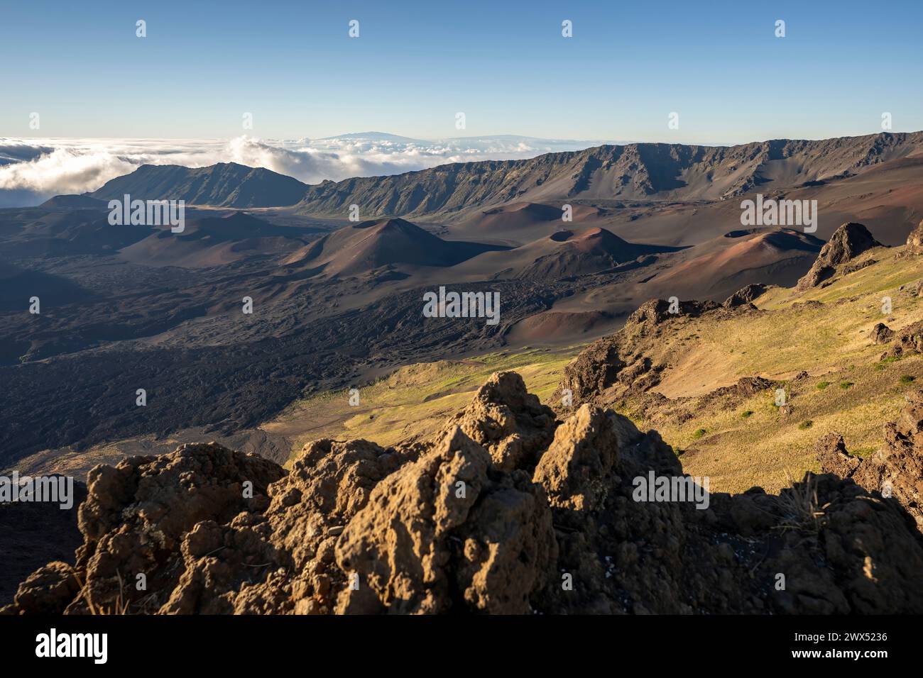 Regardant vers le bas dans le cratère du volcan Haleakalā, ou le volcan Maui est, qui est un volcan bouclier massif qui forme plus de 75% de Maui. Banque D'Images