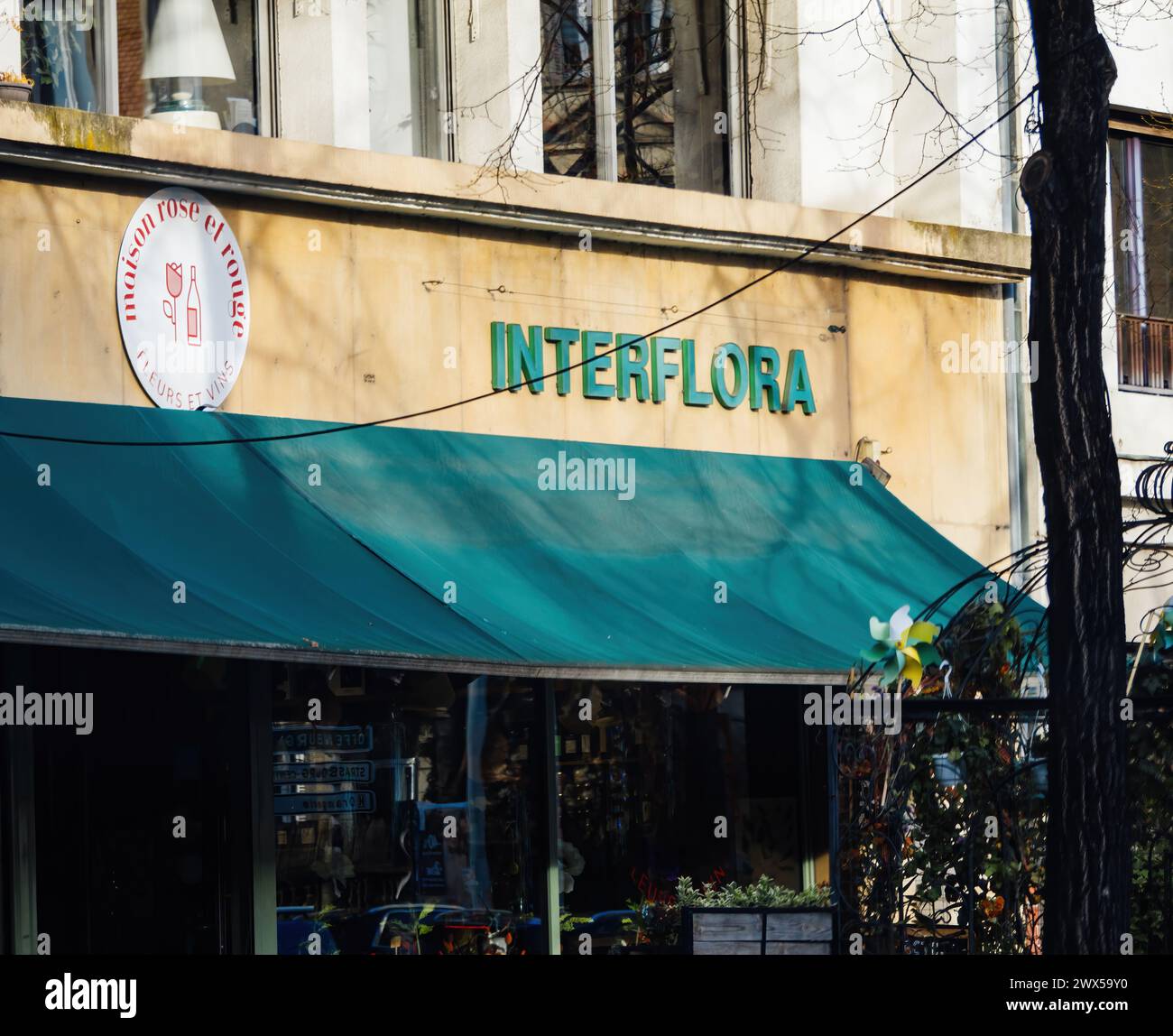 Strasbourg, France - 20 mars 2024 : une façade de magasin Interflora Florist avec un auvent vert offrant ombre et protection contre les intempéries. Banque D'Images