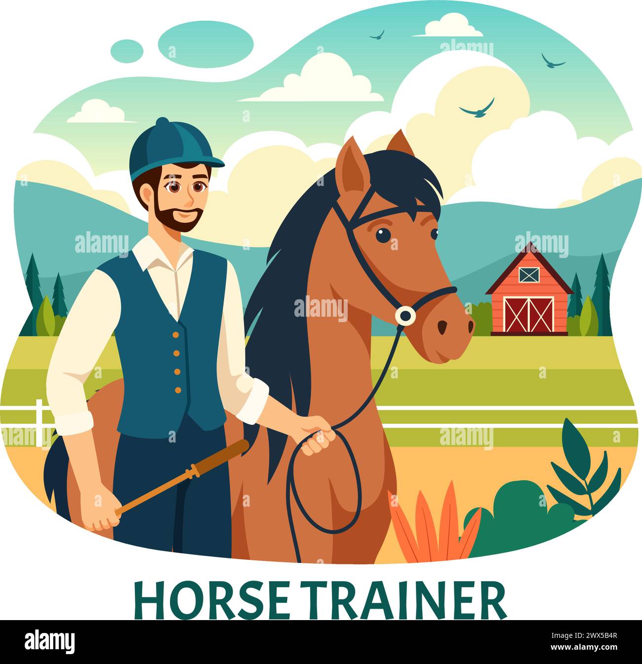 Equestrian Sport Horse Trainer illustration vectorielle avec formation, leçons d'équitation et chevaux de course dans Flat Cartoon fond Design Illustration de Vecteur