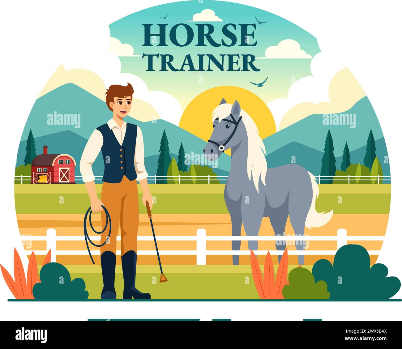 Equestrian Sport Horse Trainer illustration vectorielle avec formation, leçons d'équitation et chevaux de course dans Flat Cartoon fond Design Illustration de Vecteur