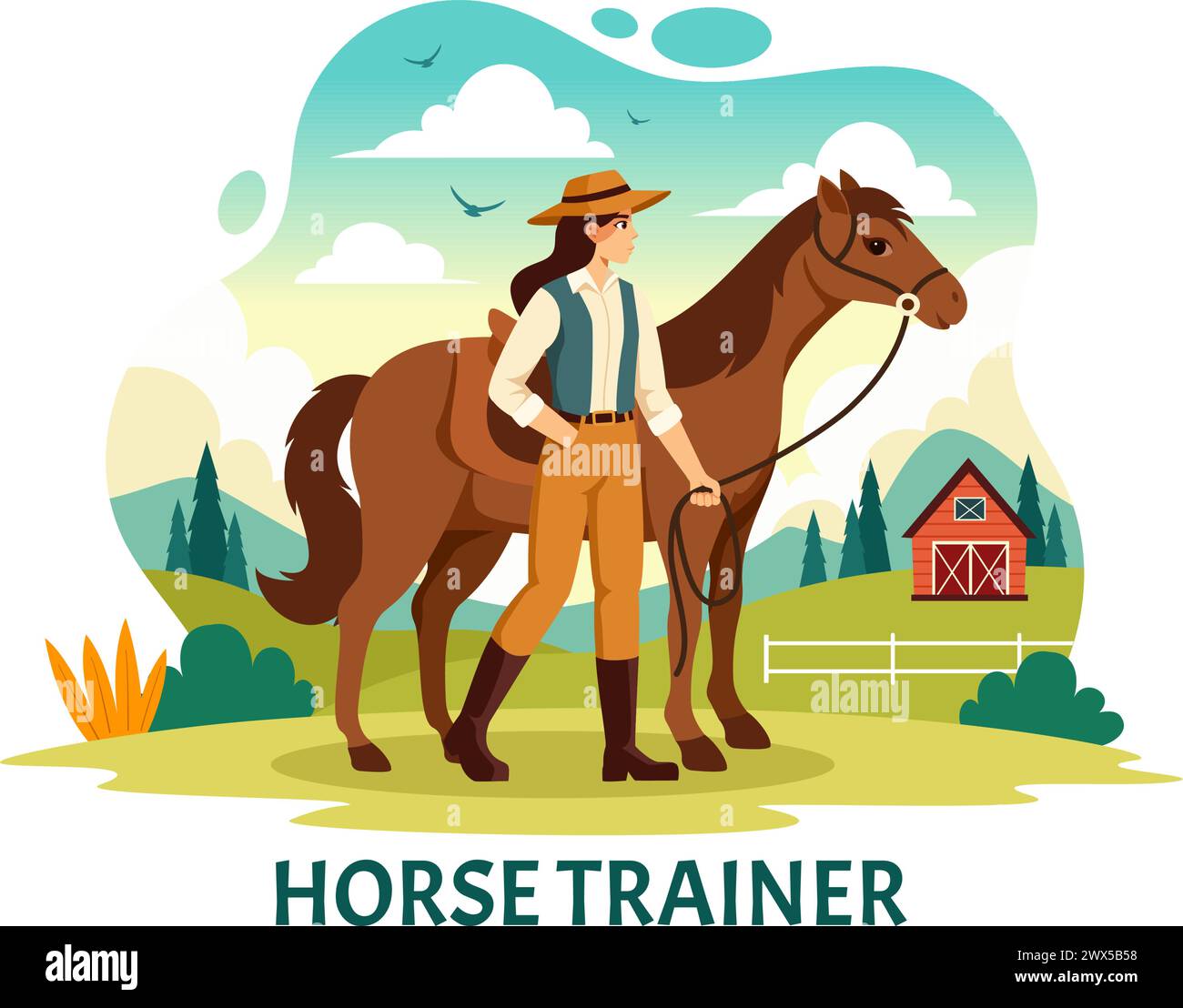 Equestrian Sport Horse Trainer illustration vectorielle avec formation, leçons d'équitation et chevaux de course dans Flat Cartoon fond Design Illustration de Vecteur