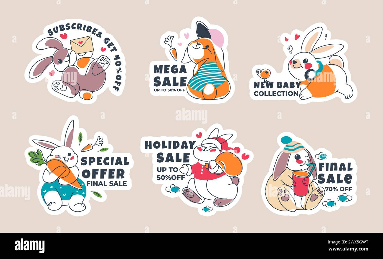 Ensemble de conception d'autocollant avec lapin mignon, offre spéciale Illustration de Vecteur